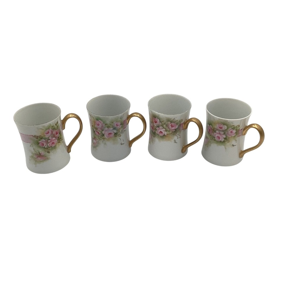 1984 Porcelain Mugs Set of 4 Roses Gold Handles Signed Collectible Vintage 1980s